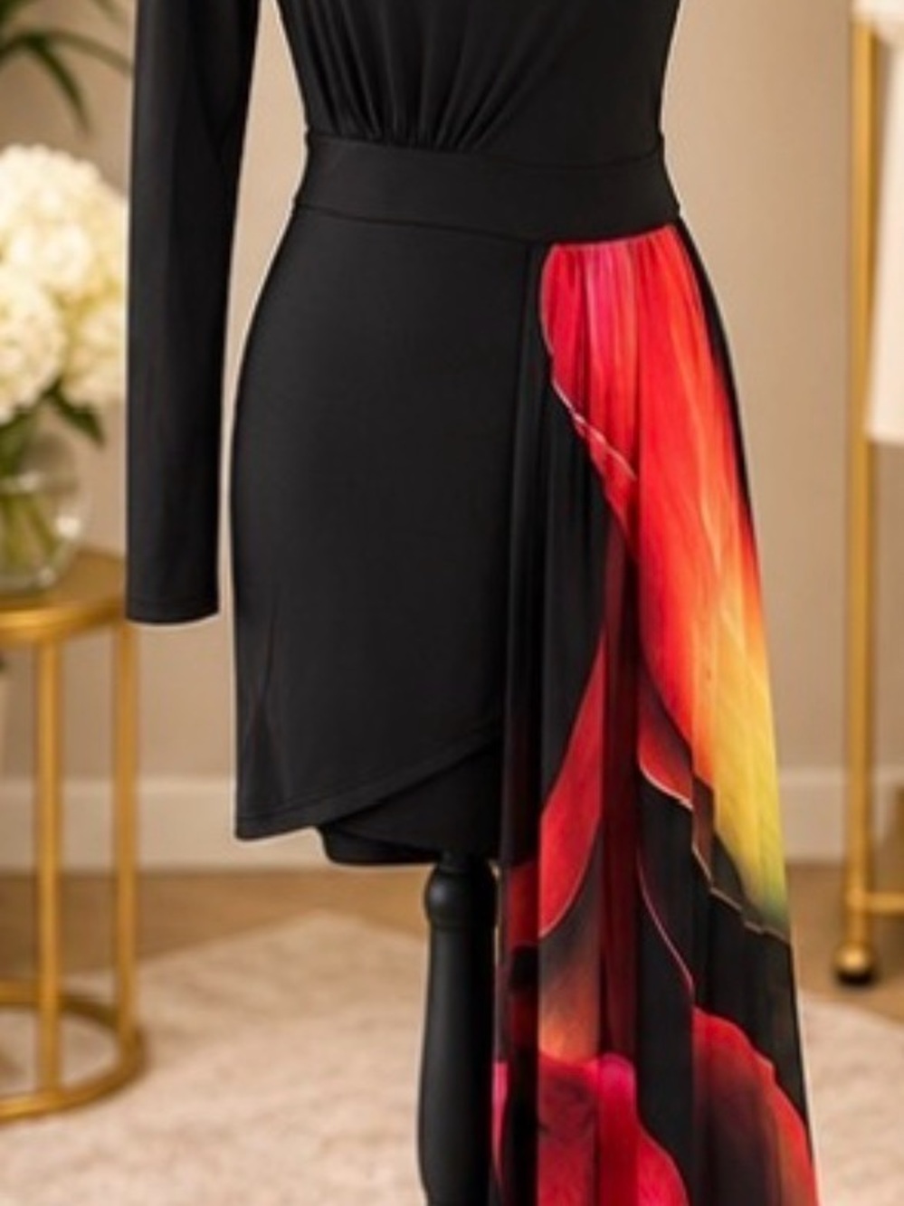 Petal & Lux Black One Shoulder Floral Draped Statement Dress L